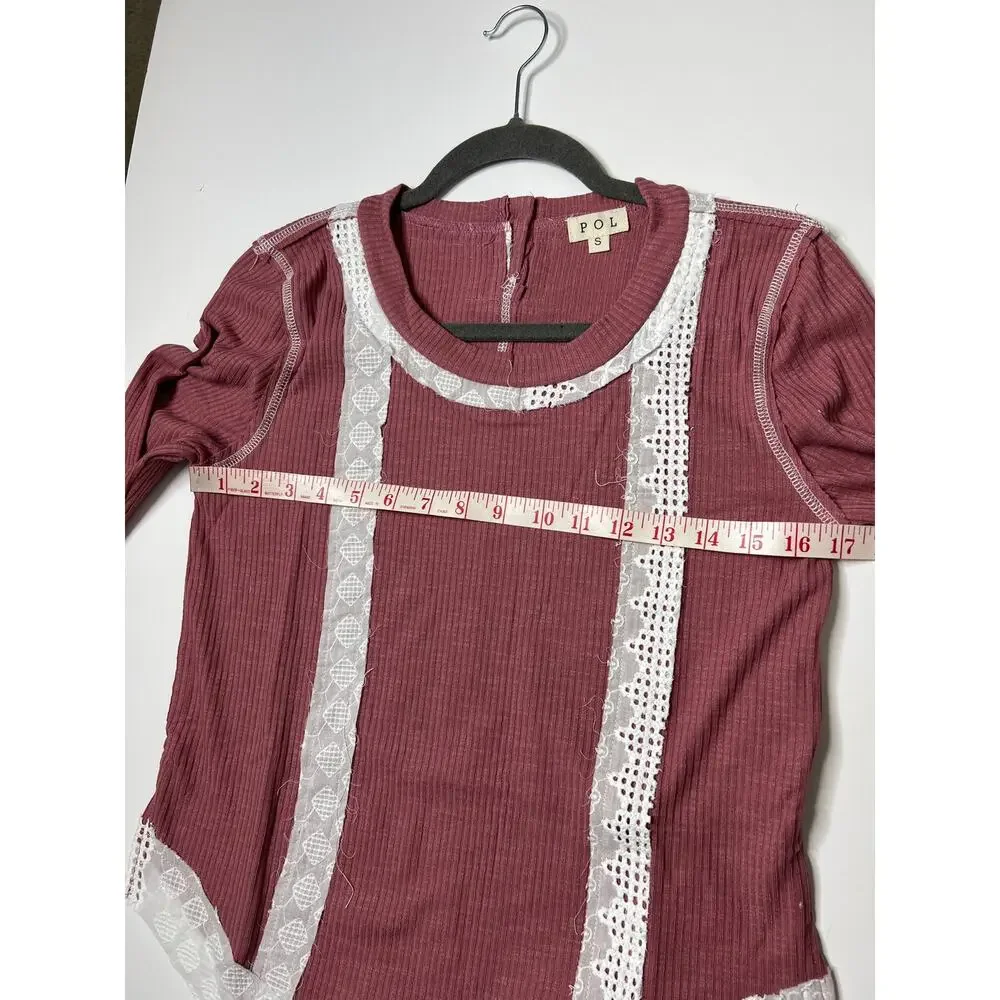 POL Long Sleeve Top Small Mauve Pink Ribbed Lace Trim Contrast Boho Cottagecore
